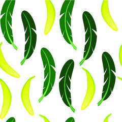 Seamless background with banana and banana palm leaves on white background.