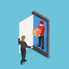 Isometric delivery man come out from smartphone and delivering package