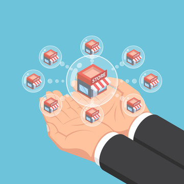 Isometric businessman hands holding store network bubbles