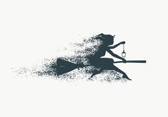 Illustration of flying young witch icon composed of particles. Witch silhouette on a broomstick. Lamp in hand. Halloween relative image.