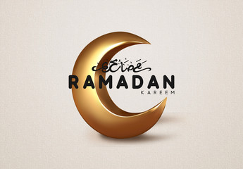 Ramadan Kareem islamic design gold crescent moon with arabic handwritten calligraphy.