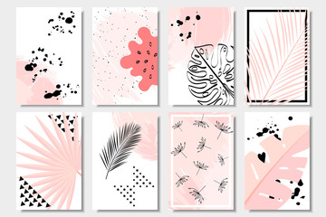 Collection of cute pink abstract summer cards with tropical leaves, dandelion and watermelon on white background