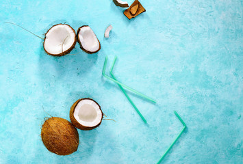 Coconut drink summer concept, from above view, space for a text