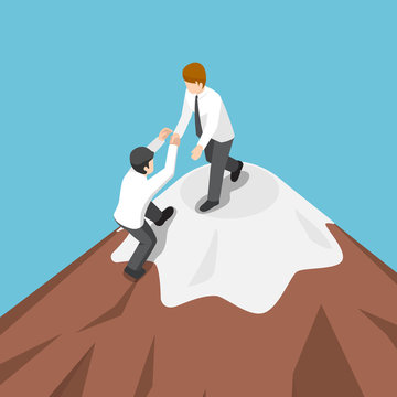 Isometric businessman help each other climb to the top of mountain