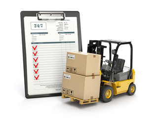 Delivery service concept. Forklift with parcel carton cardboard boxes and  clipboard with receipt form isolated on white.