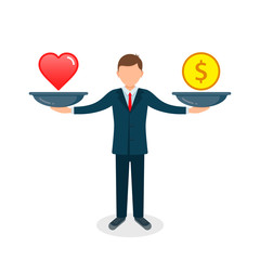 Heart or money vector illustration. Heart versus money on scales. Businessman balances Love and coin concept