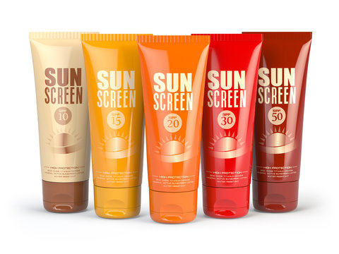 Row of sun screen cream, oil and lotion containers with different spf number. Sun protection and suntan cosmetics isolated on white background.