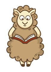 Cute fluffy sheep with curly wool reads book