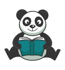 Cute panda bear sits and reads book in hardcover