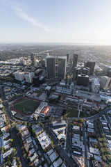 Vertical aerial view of Beverly Hills homes and Century City towers in Los Angeles, California.  