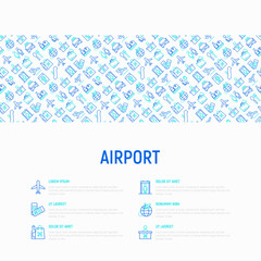 Fototapeta na wymiar Airport concept with thin line icons: check-in counter, gates, boarding pass, escalator, toilet, food court, baggage claim, wrapping service, duty free, customs. Vector illustration for print media.
