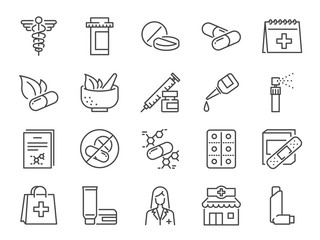 Pharmacy icon set. Included the icons as medical staff, drug, pills, medicine capsule, herbal medicines, pharmacist, drugstore and more