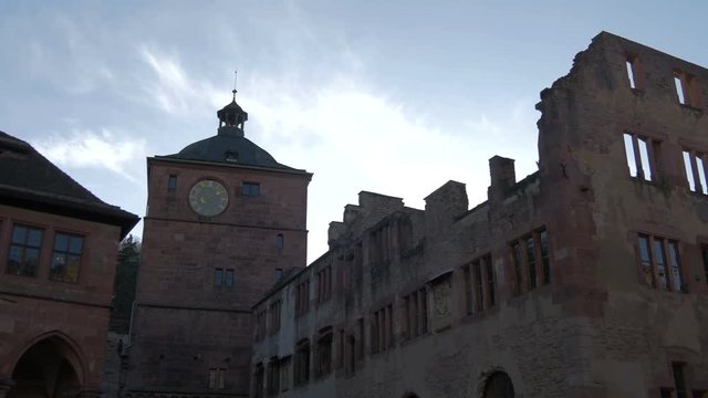 The ruins and clock tower of Heidelberg Castle