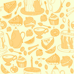 Seamless tea background with cakes, teapots, cups, candies. Time for tea hand drawn art