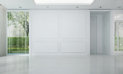 Fototapeta na wymiar The empty luxury white living room interior design and green garden background