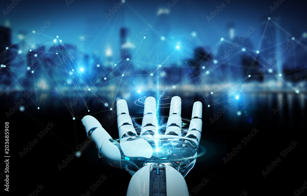 Poster white robot hand using digital network connection 3d rendering