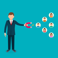 Businessman use magnet to attract customer people employee, human resources. Vector illustration. Business concept