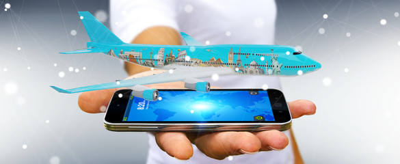 Businessman with plane and famous landmarks of the world 3D rendering