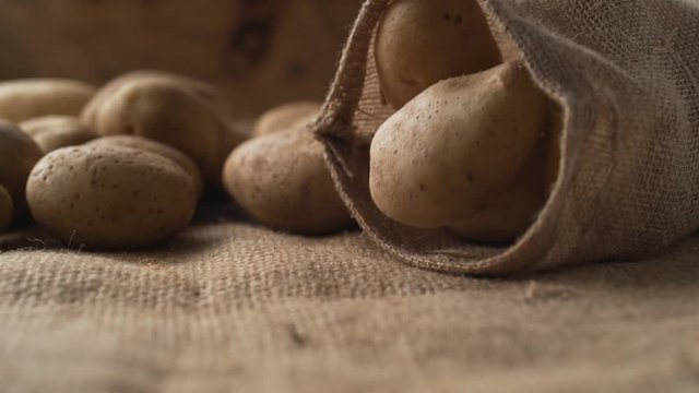 Potatoes in a burlap bag. Shot with high speed camera, phantom flex 4K. Slow Motion.