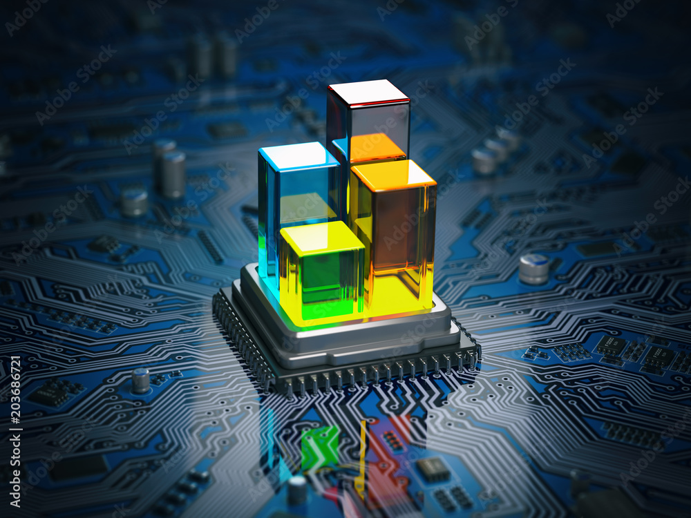 Poster CPU processor with graph and diagram on the circuit board motherboard. Compare of speed level and cooling of CPU information technology  concept.