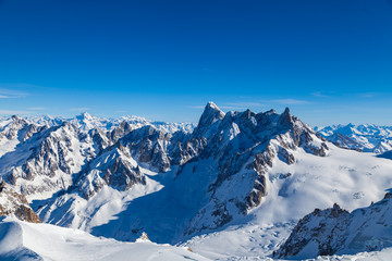 Fototapeta na wymiar Picturesque view snowy mountain peaks panorama, Mont Blanc, Chamonix, Upper Savoy Alps, France