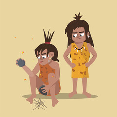 caveman making fire while cave woman watching skeptically vector