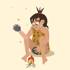 happy caveman created fire vector cartoon