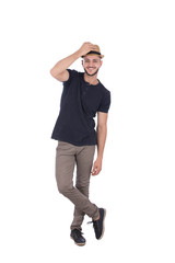 holding the hat's tip