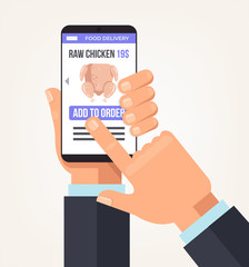 Consumer man character making food fresh meat chicken order by mobile smartphone tablet device app and push click swipe button finger. Online supermarket food delivery menu website cafe. Vector flat