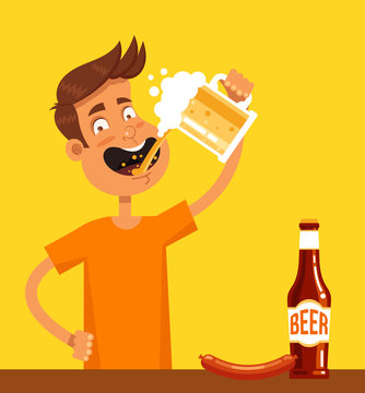 Happy smiling man character mascot holding mug beer and drink. Celebration holiday alcoholism addiction concept. Vector flat cartoon isolated design graphic illustration