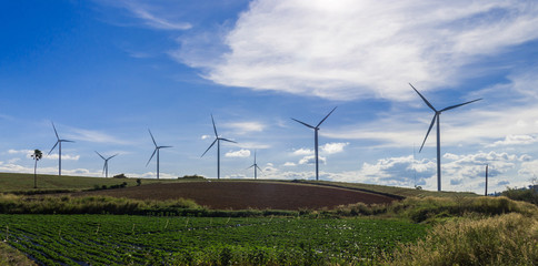 White wind turbine for alternative energy in day with blue sky background, electric clean power...