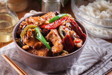 Homemade Kung Pao chicken with peppers and vegetables