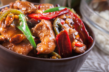 Homemade Kung Pao chicken with peppers and vegetables
