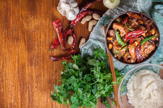 Homemade Kung Pao chicken with peppers and vegetables