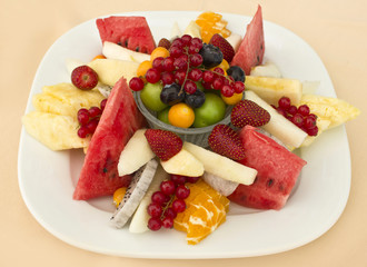 Fruits on a plate. Green plum, red currant, blueberry, strawberry, physalis, pitahaya, watermelon, orange and apple.