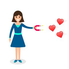 Girl attracting heart likes with magnet flat vector illustration, Social media marketing concept