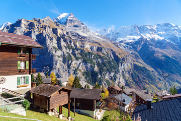 Fototapeta na wymiar Traditional Chalets of Murren village, Bernese Highlands, Switzerland