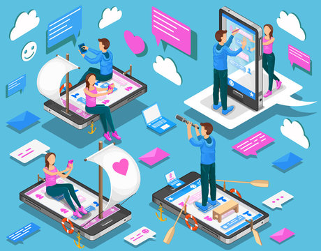 Virtual relationships and online dating isometric concept. Vector illustration