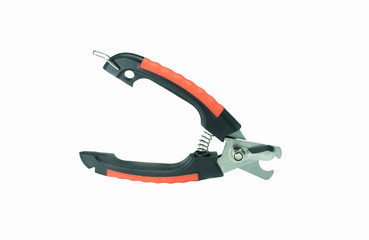 Pet supplies about nails scissors on isolated white background.