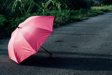 Pink umbrella on concrete floor and green grass field in the park., lonely concept., copy space for text.