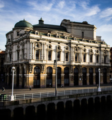 Fototapeta premium Famous Arriaga Theatre at sunset over blue sky background in Bilbao city. European popular landmark