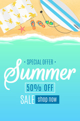 Flyer for the summer sale. Surfboard, beach goggles and sponges. Sunny sandy beach. Cartoon style. Special offer. Summer discounts. Vector illustration