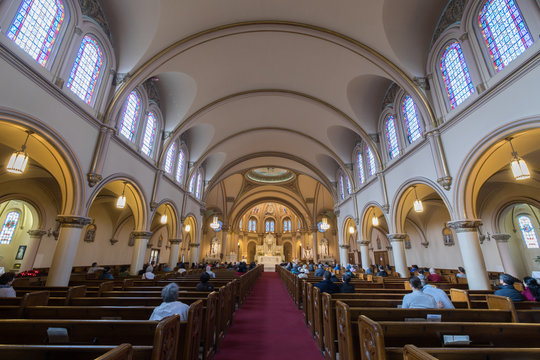 San Francisco, California - April 28, 2018: Interior of Star of the Sea Catholic Church. Inner Richmond, San Francisco, California, USA.