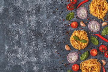 Obraz na płótnie Canvas Italian food background with pasta, spices and vegetables.