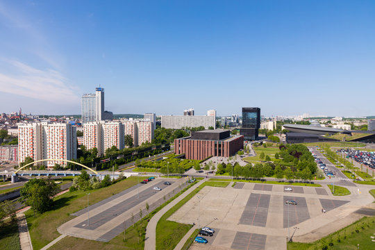 KATOWICE, POLAND - MAY 05, 2018: Panoramic view in modern district of Katowice, Silesia, South of Poland.
