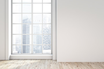 Fototapeta na wymiar Empty white room with a window and cityscape