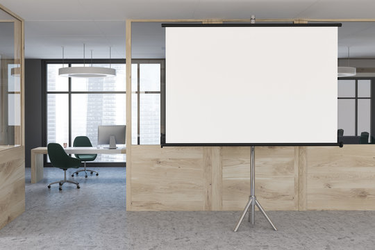 Wooden wall office lobby, projector screen
