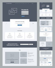 One page website design template for business. Landing page wireframe. Flat modern responsive design. Ux ui website: home, advantages, features, blog, testimonials, partners, benefits, contacts, form.