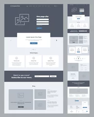 Fotobehang One page website design template for business. Landing page wireframe. Flat modern responsive design. Ux ui website: home, advantages, features, blog, testimonials, partners, benefits, contacts, form. © vanderon