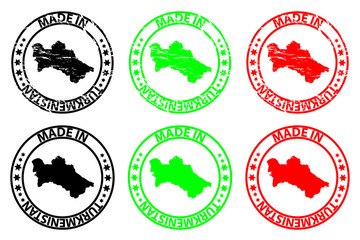 Made in Turkmenistan - rubber stamp - vector, Turkmenistan map pattern - black, green and red